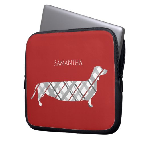 Karierte Dackel auf Rot Laptopschutzhülle (Vorderseite Links)