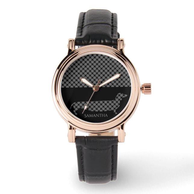 Karierte Dackel auf Schwarz Armbanduhr (Vorderseite)