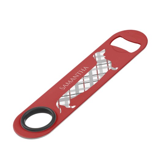 Karierte Dackel in Rot Speed Flaschenöffner (Vorderseite Schrägansicht)