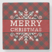 Karierte Frohe Weihnachtsschneeflocke Steinuntersetzer (Vorderseite)