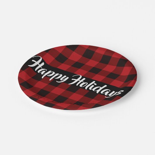 Karierte, fröhliche Ferien in Rot und Schwarz Pappteller (Schrägansicht)