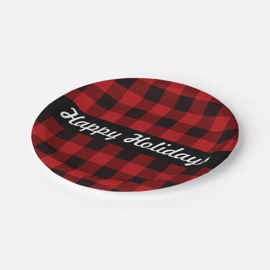 Karierte, fröhliche Ferien in Rot und Schwarz Pappteller (Schrägansicht)