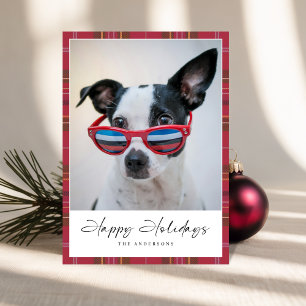 Karierte Funny Hund Happy Holidays Fotokarte Feiertagskarte