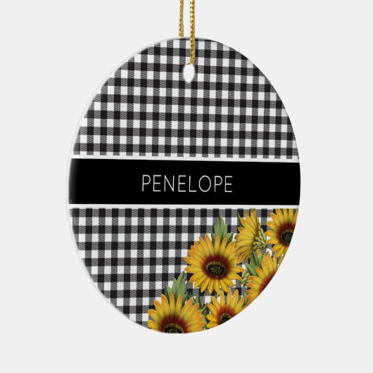 Karierte gelbe Sonnenblumen in Schwarz-Weiß-Buffal Keramik Ornament (Rechts)