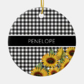 Karierte gelbe Sonnenblumen in Schwarz-Weiß-Buffal Keramik Ornament (Vorne)
