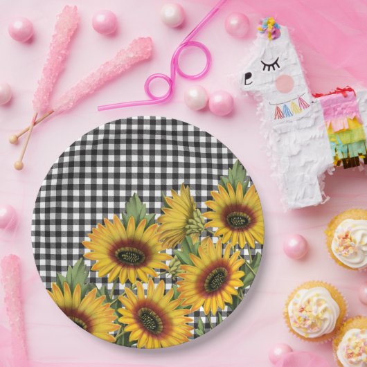 Karierte gelbe Sonnenblumen in Schwarz-Weiß-Buffal Pappteller (Party)