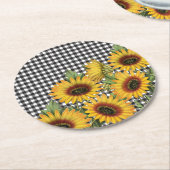Karierte gelbe Sonnenblumen in Schwarz-Weiß-Buffal Runder Pappuntersetzer (Angewinkelt)