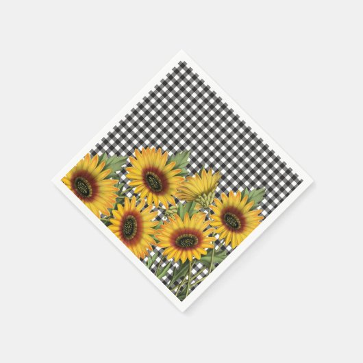 Karierte gelbe Sonnenblumen in Schwarz-Weiß-Buffal Serviette (Ecke)