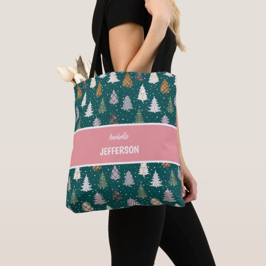 Karierte Gemusterte Weihnachtsbaummuster Monogram Tasche (Von Nahem)