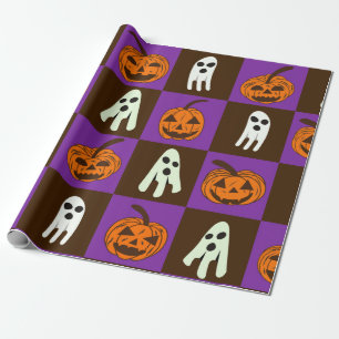 Karierte gruselige Halloween-Kürbisse und Geister  Geschenkpapier