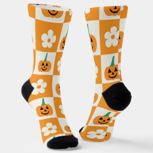 Karierte Halloween-Kürbisse mit Retro-Blumen Socken