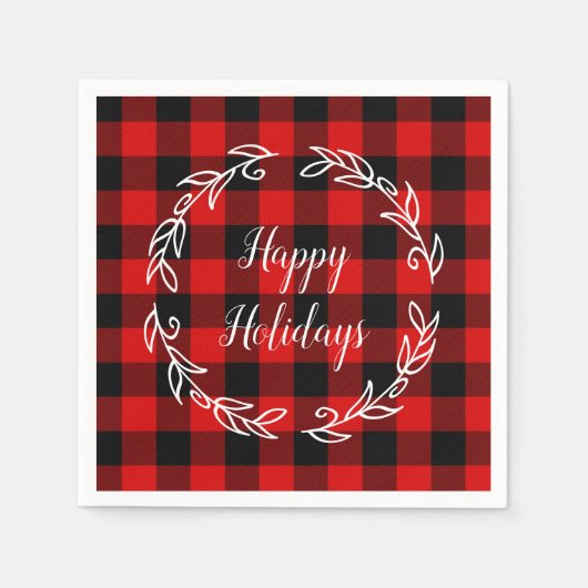Karierte Happy Holidays in Red und Black Buffalo Serviette (Vorderseite)