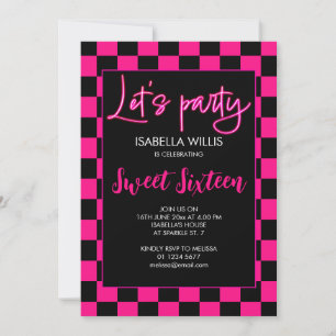 Karierte heißrosa schwarze Retro-Lets-party-Sweet- Einladung
