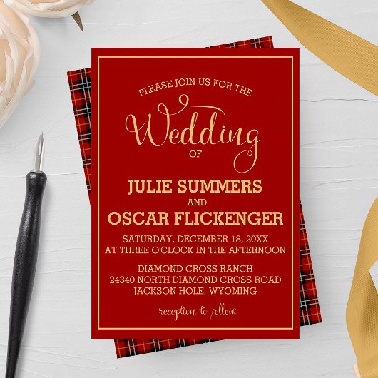 Karierte Hochzeit mit Gold und Burgund Einladung