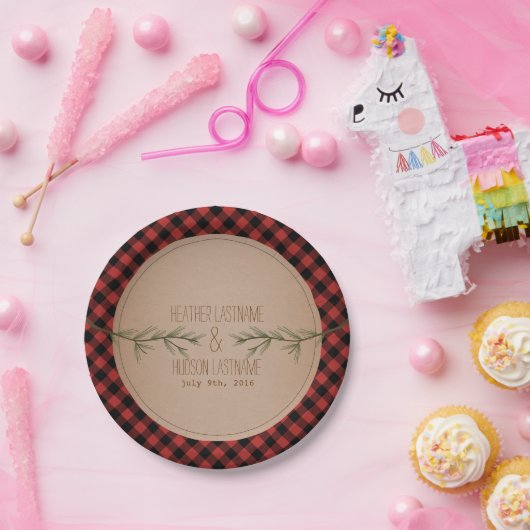 Karierte Hochzeit von Evergreen Branches Pappteller (Party)