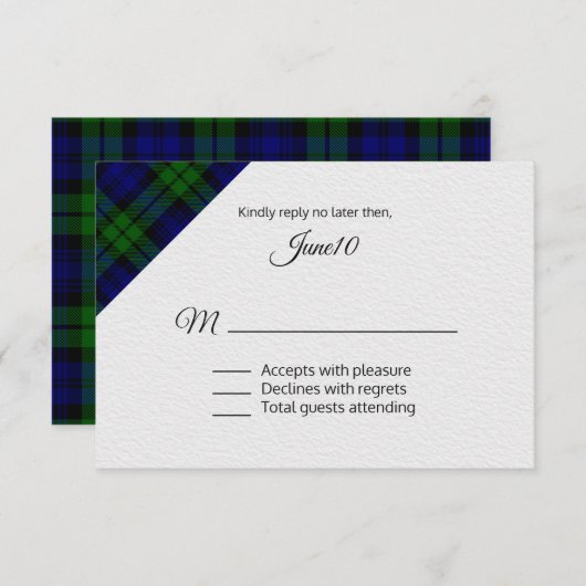 Karierte Hochzeitsszenierung von Black Watch RSVP Karte (Vorne/Hinten)