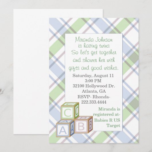 Karierte Kinderdusche Einladung (Vorne/Hinten)