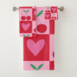 Karierte Kirschen mit rosa Herzmuster Badhandtuch Set