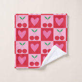 Karierte Kirschen mit rosa Herzmuster Badhandtuch Set (Waschlappen)