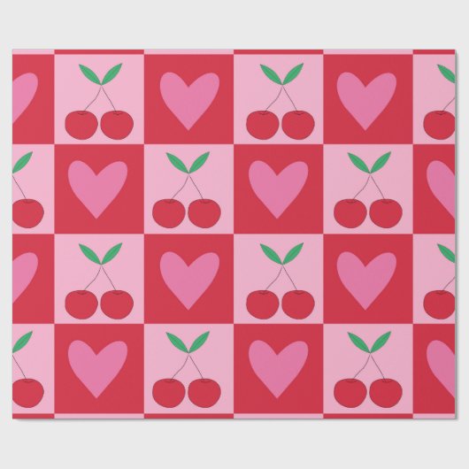 Karierte Kirschen mit rosa Herzmuster Geschenkpapier (Flach)