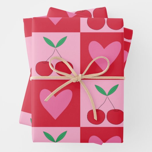 Karierte Kirschen mit rosa Herzmuster Geschenkpapier Set (Beispiel)
