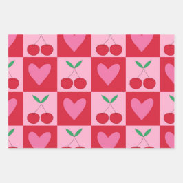 Karierte Kirschen mit rosa Herzmuster Geschenkpapier Set