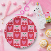 Karierte Kirschen mit rosa Herzmuster Pappteller (Party)