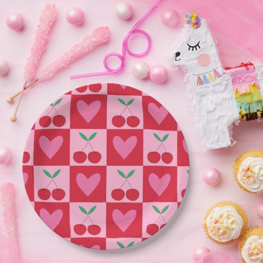 Karierte Kirschen mit rosa Herzmuster Pappteller (Party)