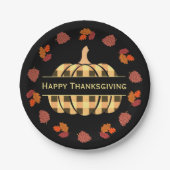 Karierte Kürbis und Herbstlaub Pappteller (Vorderseite)