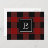 Karierte Lumberjack-Monogram, initial Red Black Postkarte (Vorne/Hinten)