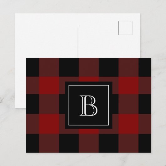 Karierte Lumberjack-Monogram, initial Red Black Postkarte (Vorne/Hinten)