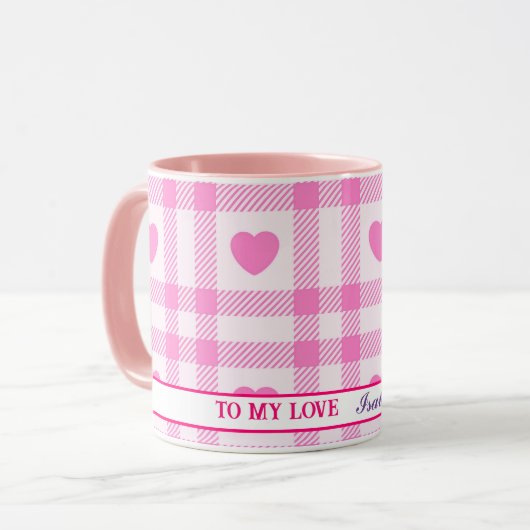 Karierte moderne rosa Herzenskollektion Tasse (Vorderseite Links)