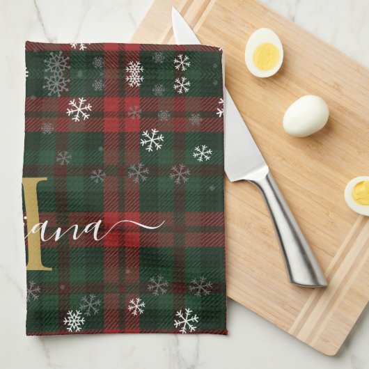 Karierte Monogram Script Snowflakes Rustikaler Nam Geschirrtuch (Viertel Falte)