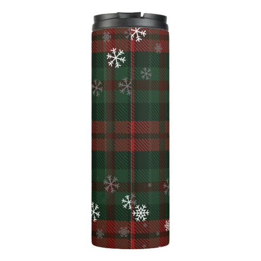 Karierte Monogram Script Snowflakes Rustikaler Nam Thermosbecher (Rückseite)