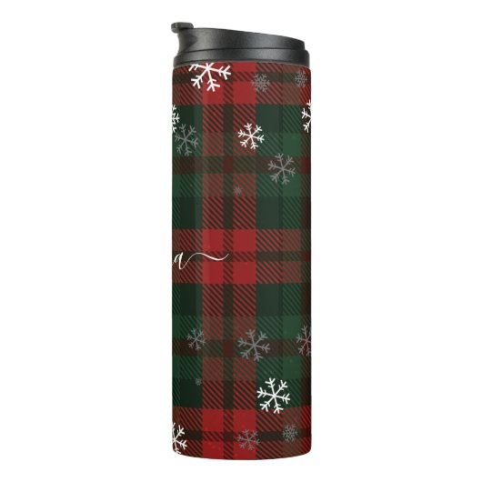 Karierte Monogram Script Snowflakes Rustikaler Nam Thermosbecher (Nach rechts gedreht)