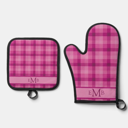 Karierte Monogramm-Initialen in Rosa Ofenhandschuh & Topflappen-Set (Vorderseite)