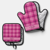 Karierte Monogramm-Initialen in Rosa Ofenhandschuh & Topflappen-Set (Vorderseite/Rückseite)