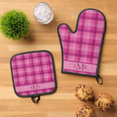 Karierte Monogramm-Initialen in Rosa Ofenhandschuh & Topflappen-Set (Oben Unten)