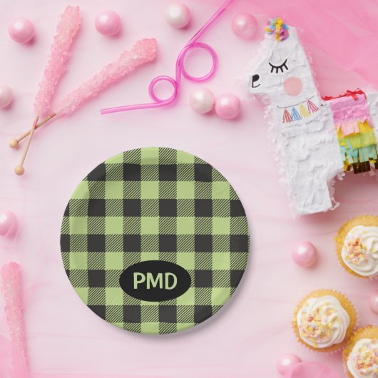 Karierte Monogramm-Initialen von Lime Green Black Pappteller (Party)