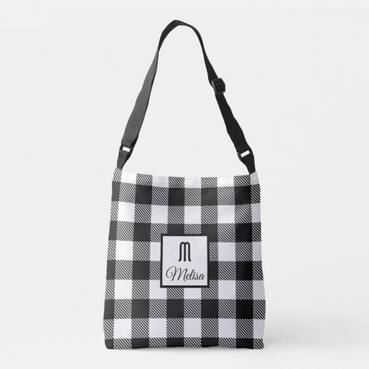 Karierte Monogramm-Karo aus Schwarz und Weißbüffel Tragetaschen Mit Langen Trägern (Rückseite)