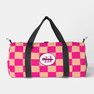 Karierte Pfirsich-Hot-Pink-geometrische Retro-Mono Duffle Bag