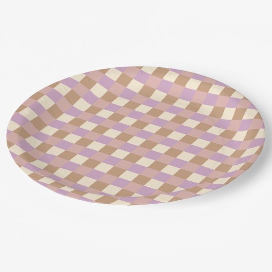Karierte Pfirsich und Lavendel Pappteller (Schrägansicht)
