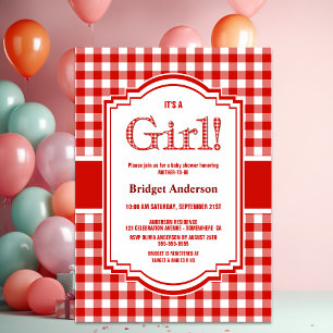 Karierte Puffdusche, rot und weiß Einladung