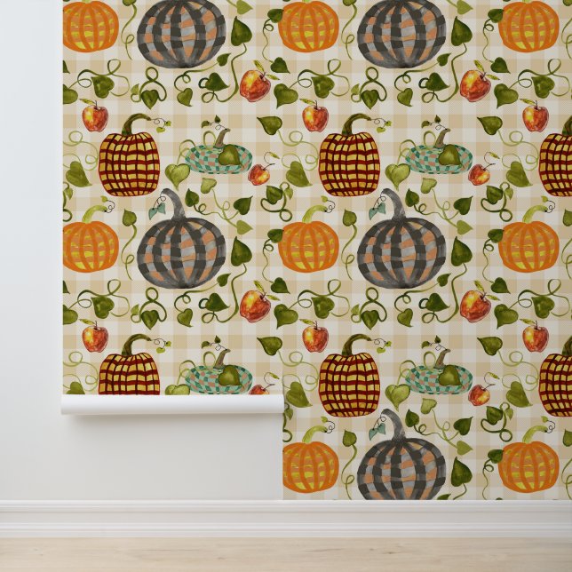 Karierte Pumpkins im Herbst Äpfel auf Gingham Tapete (Anwendung)