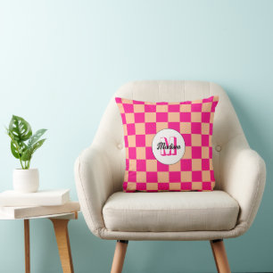 Karierte Quadrate heißrosa Pfirsich Retro-Monogram Kissen