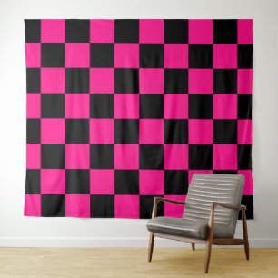Karierte Quadrate heißrosa schwarz geometrisch ret Wandteppich