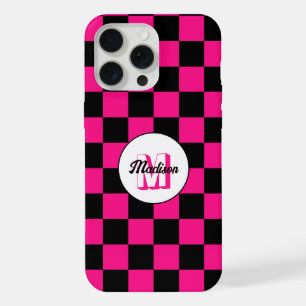 Karierte Quadrate heißrosa schwarzes Retro-Monogra iPhone 15 Pro Max Hülle