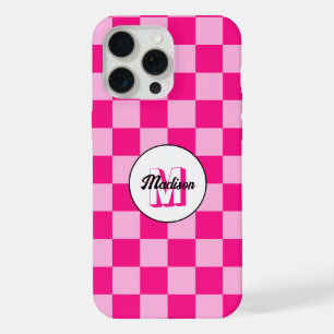 Karierte Quadrate hellrosa Retro-Monogramm iPhone 15 Pro Max Hülle