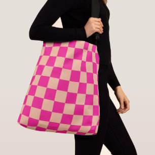 Karierte Quadrate Hot Pink Pfirsich geometrisch Re Tragetaschen Mit Langen Trägern