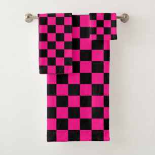 Karierte Quadrate Hot Pink Schwarz geometrisch Ret Badhandtuch Set